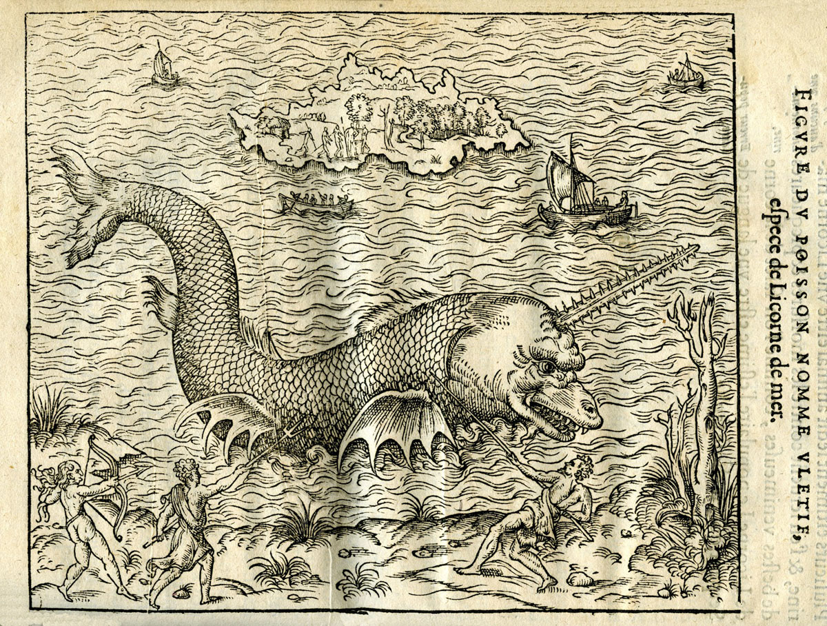 Fish-like sea monster with ridged narwhal tusk emerging from the ocean in black and white print, faced by people on the sand defending themselves against the toothed, enormous beast.
