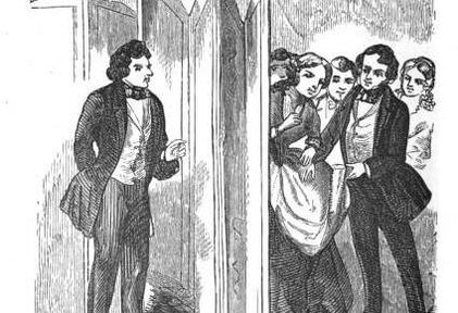 A black and white illustration of a man behind a door and men and women on the other side.